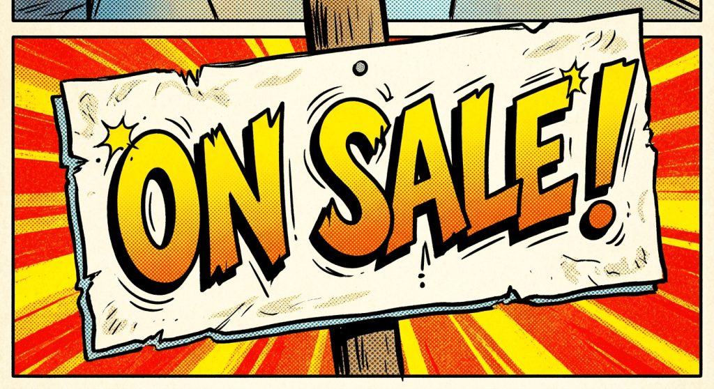 Comic-style sign with text 'ON SALE!' in bold yellow and orange letters